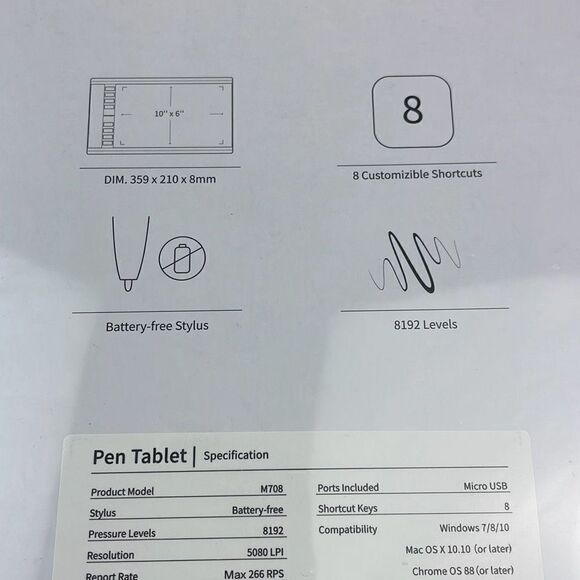 Ugee Drawing Pen Tablet M708 w/ Battery-Free Stylus New - Picture 6 of 9